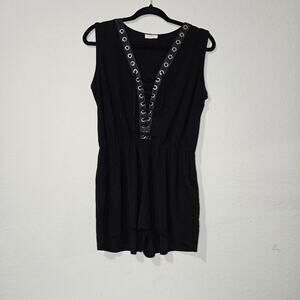 Pinc black metallic sliver lace up front stretch romper